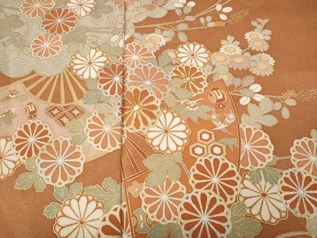 平和屋着物●訪問着　駒刺繍　鴛鴦扇面花文　暈し染め　金彩　ロング丈　正絹　逸品　CABN5087ut