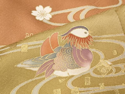 平和屋着物●訪問着　駒刺繍　鴛鴦扇面花文　暈し染め　金彩　ロング丈　正絹　逸品　CABN5087ut