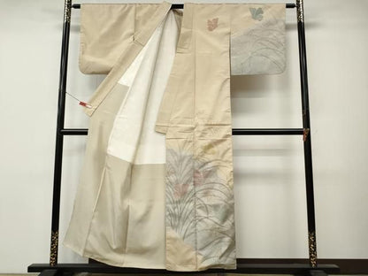 平和屋着物●本場縞大島紬　訪問着　染大島　すすき　舞蝶文　正絹　逸品　CABN5110ut
