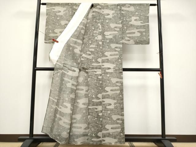 平和屋着物＊夏物　小紋　生紬　紗　型染め　霞風景文　正絹　逸品　未使用　CABN5851tx