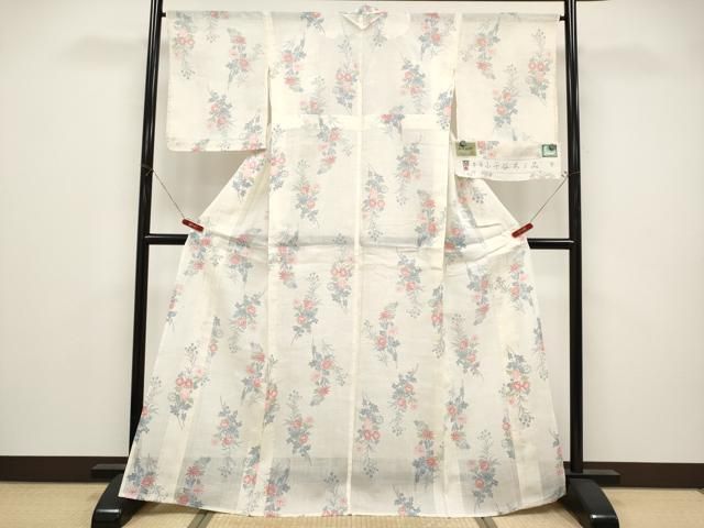 平和屋着物＊夏物　本場小千谷ちぢみ　草花文　証紙付き　麻　逸品　未使用　CABN5859tx