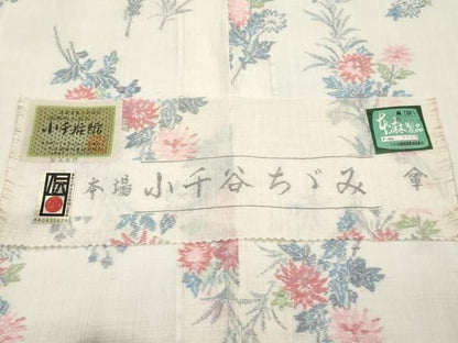 平和屋着物＊夏物　本場小千谷ちぢみ　草花文　証紙付き　麻　逸品　未使用　CABN5859tx