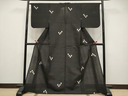 平和屋着物＊夏物　紗紬　幾何学文様　黒地　正絹　逸品　未使用　CABN5862tx