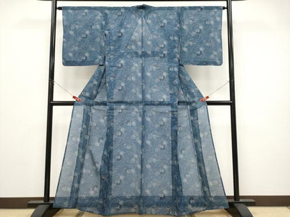 平和屋着物＊夏物　小紋・浴衣兼用　絹紅梅　団扇草花文　絹綿　逸品　CABN5866tx