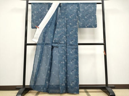 平和屋着物＊夏物　小紋・浴衣兼用　絹紅梅　団扇草花文　絹綿　逸品　CABN5866tx