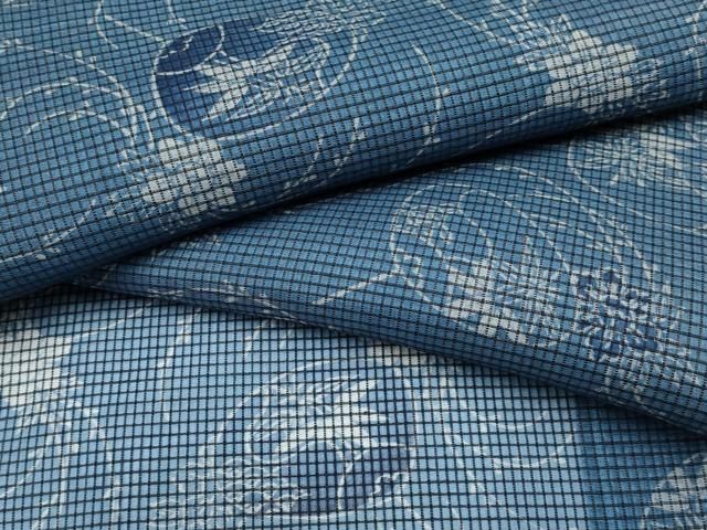 平和屋着物＊夏物　小紋・浴衣兼用　絹紅梅　団扇草花文　絹綿　逸品　CABN5866tx