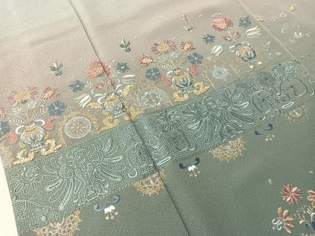 平和屋着物●訪問着　総刺繍　陶器花文　暈し染め　金糸　正絹　逸品　CABN6011vp