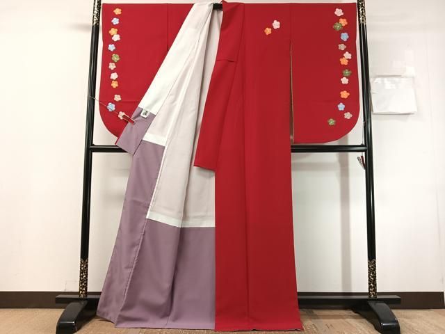平和屋着物●世界的ファッションデザイナー　山本寛斎　kansaiブランド　小振袖　刺繍　梅花文　緋色　洗える着物　CABN6017vp