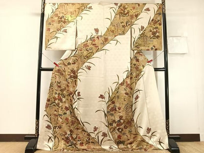 平和屋着物●訪問着　駒刺繍　草花文　金彩　ロング丈　正絹　逸品　CABN6023vp