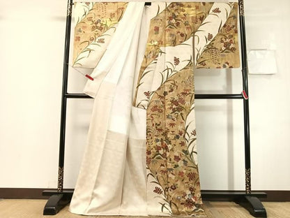 平和屋着物●訪問着　駒刺繍　草花文　金彩　ロング丈　正絹　逸品　CABN6023vp