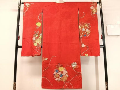 平和屋着物●アンティーク　大正ロマン　振袖用長襦袢　袷　総刺繍　駒刺繍　束ね花文　金銀糸　半衿刺繍　正絹　逸品　CABN6029vp