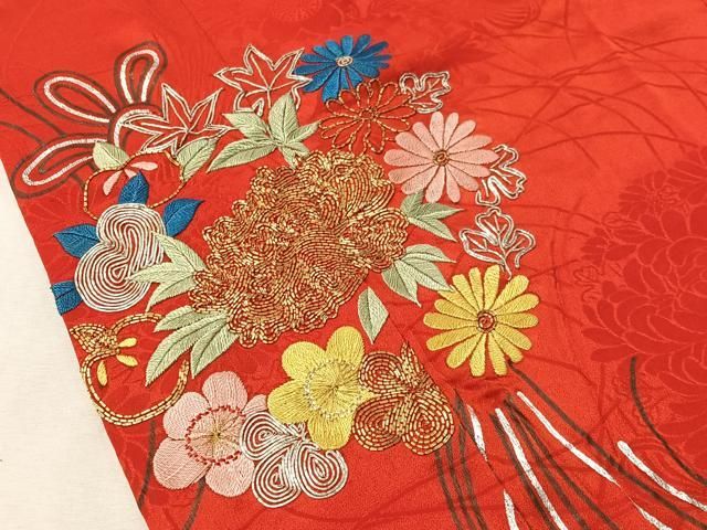 平和屋着物●アンティーク　大正ロマン　振袖用長襦袢　袷　総刺繍　駒刺繍　束ね花文　金銀糸　半衿刺繍　正絹　逸品　CABN6029vp