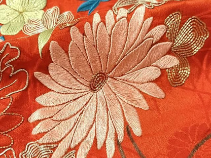 平和屋着物●アンティーク　大正ロマン　振袖用長襦袢　袷　総刺繍　駒刺繍　束ね花文　金銀糸　半衿刺繍　正絹　逸品　CABN6029vp