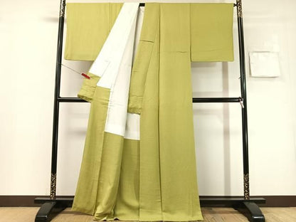 平和屋着物●上質な色無地　吉祥地紋　抹茶色　正絹　逸品　CABN6060vp