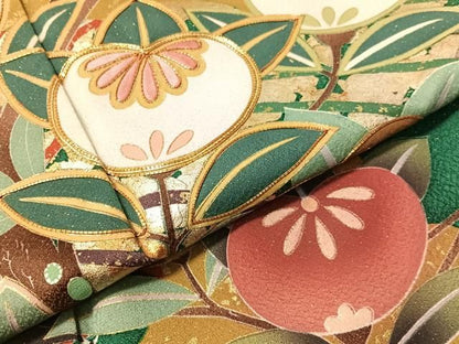 平和屋着物●訪問着　駒刺繍　橘舞蝶文　金通し地　ロング丈　正絹　逸品　CABN6074vp