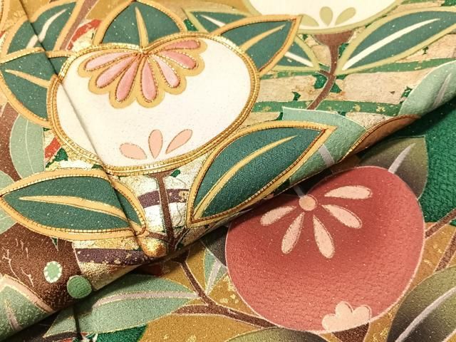 平和屋着物●訪問着　駒刺繍　橘舞蝶文　金通し地　ロング丈　正絹　逸品　CABN6074vp