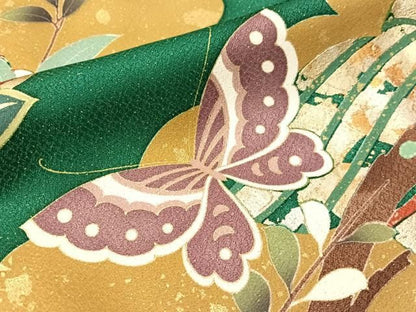 平和屋着物●訪問着　駒刺繍　橘舞蝶文　金通し地　ロング丈　正絹　逸品　CABN6074vp