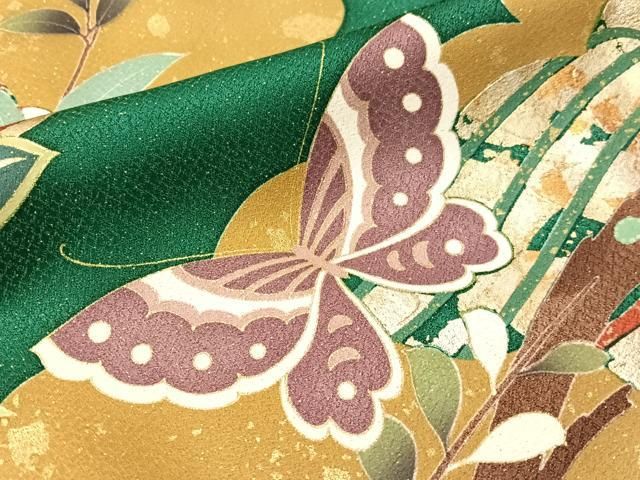 平和屋着物●訪問着　駒刺繍　橘舞蝶文　金通し地　ロング丈　正絹　逸品　CABN6074vp