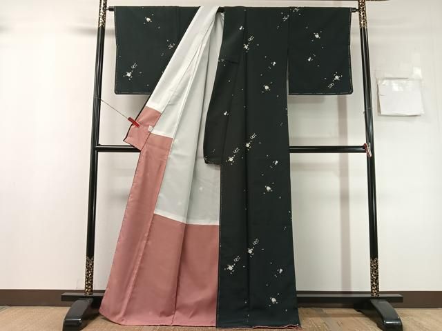 平和屋着物●小紋　茶器　黒地　洗える着物　未使用　CABN6077vp