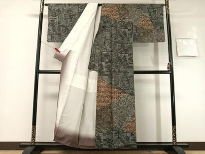 平和屋着物●訪問着　紬地　刺繍　型染め　切嵌千鳥風景文　正絹　逸品　CABN6130vp
