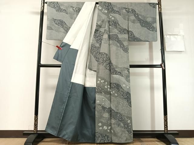 平和屋着物●訪問着　紬地　絞り　型染め　道長花文　正絹　逸品　CABN6157vp