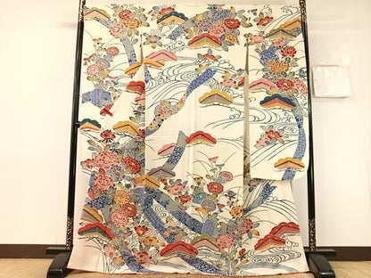 平和屋着物●豪華振袖　型染め　流水花文　正絹　逸品　CABN6162vp