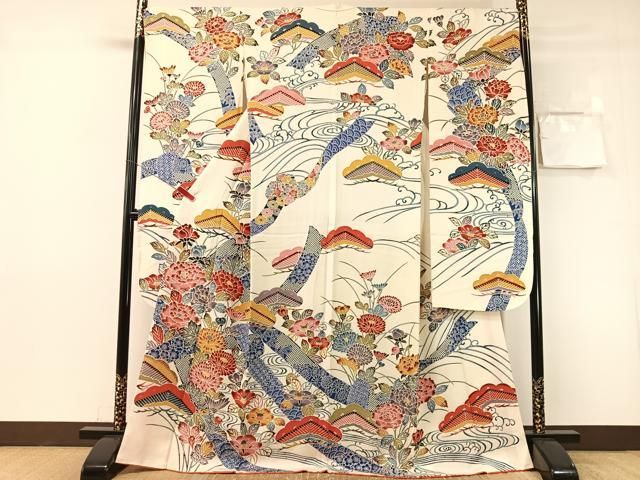 平和屋着物●豪華振袖　型染め　流水花文　正絹　逸品　CABN6162vp