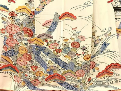 平和屋着物●豪華振袖　型染め　流水花文　正絹　逸品　CABN6162vp