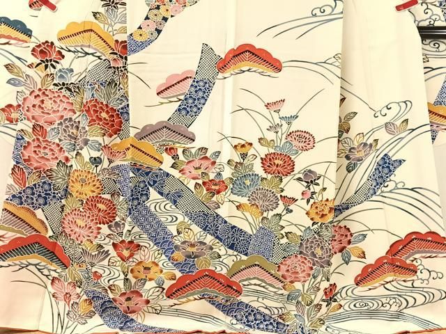 平和屋着物●豪華振袖　型染め　流水花文　正絹　逸品　CABN6162vp