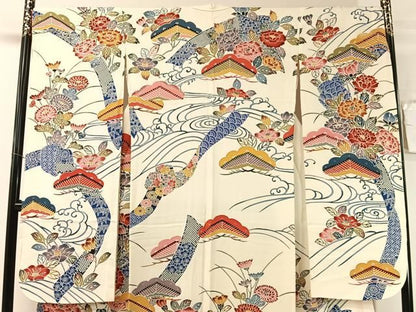平和屋着物●豪華振袖　型染め　流水花文　正絹　逸品　CABN6162vp