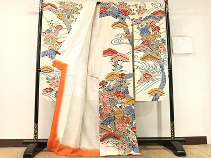 平和屋着物●豪華振袖　型染め　流水花文　正絹　逸品　CABN6162vp