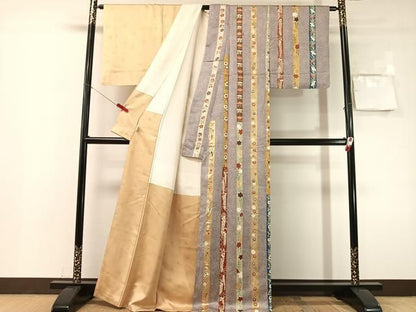 平和屋着物●上質な小紋　片身代わり　鹿の子花間道　金彩　鈴乃屋扱い　正絹　逸品　CABN6166vp