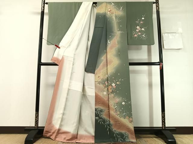 平和屋着物●訪問着　流水枝花文　暈し染め　金彩　ロング丈　正絹　逸品　CABN6185vp