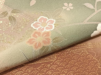 平和屋着物●訪問着　流水枝花文　暈し染め　金彩　ロング丈　正絹　逸品　CABN6185vp