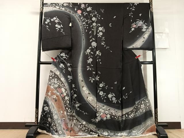 平和屋着物●訪問着　辻が花　絞り　暈し染め　黒地　銀彩　仮絵羽　正絹　逸品　未使用　CABN6218vp
