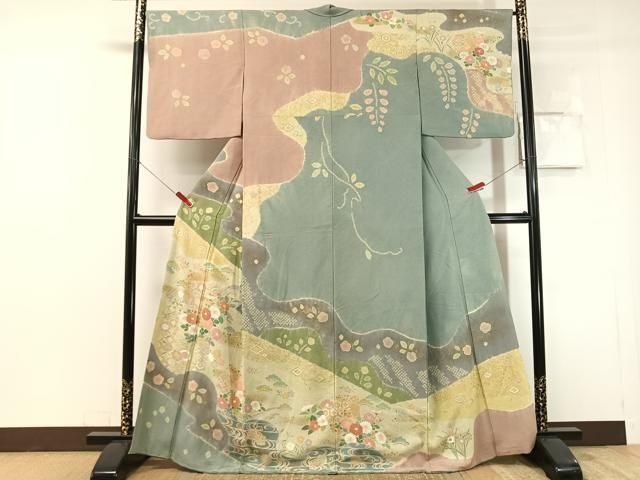 平和屋着物●訪問着　絞り　流水色紙花文　金彩　正絹　逸品　CABN6232vp
