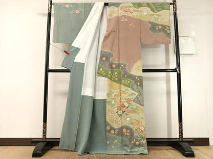 平和屋着物●訪問着　絞り　流水色紙花文　金彩　正絹　逸品　CABN6232vp