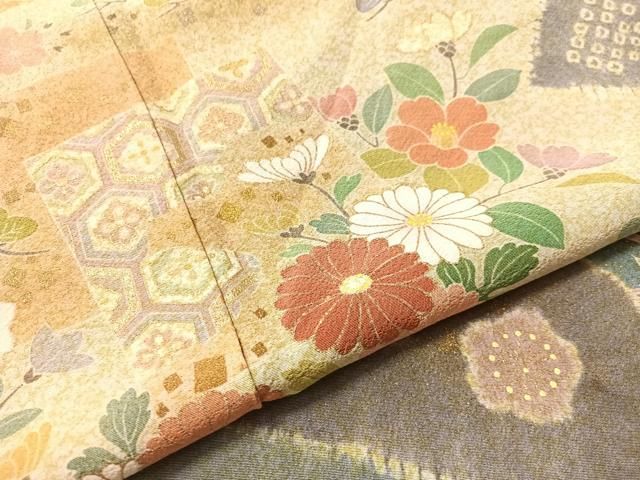 平和屋着物●訪問着　絞り　流水色紙花文　金彩　正絹　逸品　CABN6232vp