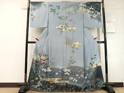 平和屋着物●英王室献上友禅作家　木下勝功　訪問着　刺繍　霞草花文　暈し染め　金彩　正絹　逸品　未使用　CABN6236vp