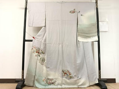 平和屋着物●中国三大刺繍　蘇州刺繍　総刺繍　訪問着　流水扇面花文　暈し染め　金糸　反端付き　正絹　逸品　CABN6261vp