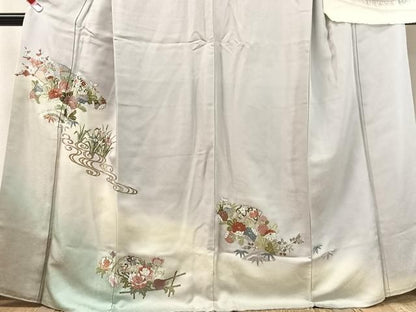 平和屋着物●中国三大刺繍　蘇州刺繍　総刺繍　訪問着　流水扇面花文　暈し染め　金糸　反端付き　正絹　逸品　CABN6261vp