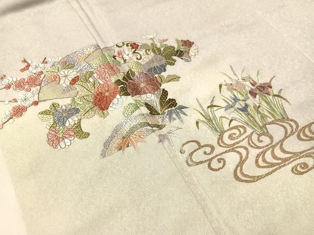 平和屋着物●中国三大刺繍　蘇州刺繍　総刺繍　訪問着　流水扇面花文　暈し染め　金糸　反端付き　正絹　逸品　CABN6261vp