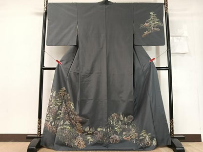 平和屋着物●本場縞大島紬　訪問着　総刺繍　花松文　さが美扱い　正絹　逸品　CABN6309vp