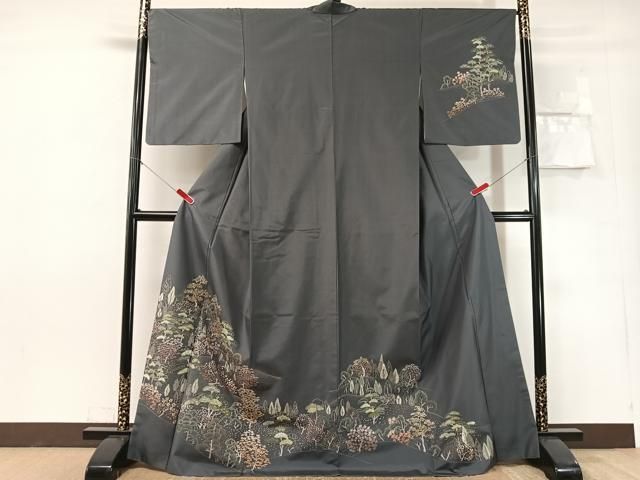 平和屋着物●本場縞大島紬　訪問着　総刺繍　花松文　さが美扱い　正絹　逸品　CABN6309vp