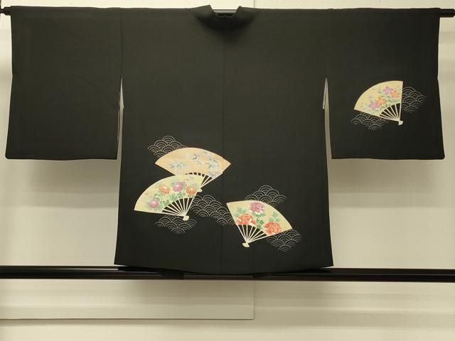 平和屋着物＃羽織　青海波扇面草花文　黒地　正絹　逸品　CABN6927in