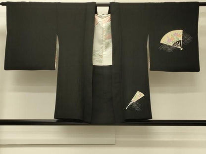 平和屋着物＃羽織　青海波扇面草花文　黒地　正絹　逸品　CABN6927in