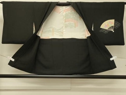 平和屋着物＃羽織　青海波扇面草花文　黒地　正絹　逸品　CABN6927in