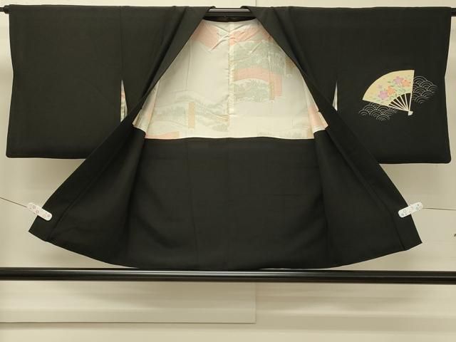 平和屋着物＃羽織　青海波扇面草花文　黒地　正絹　逸品　CABN6927in