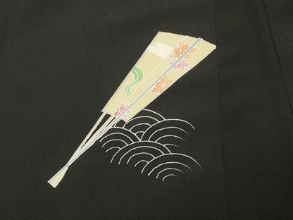 平和屋着物＃羽織　青海波扇面草花文　黒地　正絹　逸品　CABN6927in