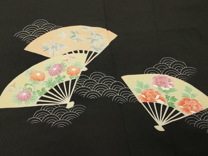 平和屋着物＃羽織　青海波扇面草花文　黒地　正絹　逸品　CABN6927in